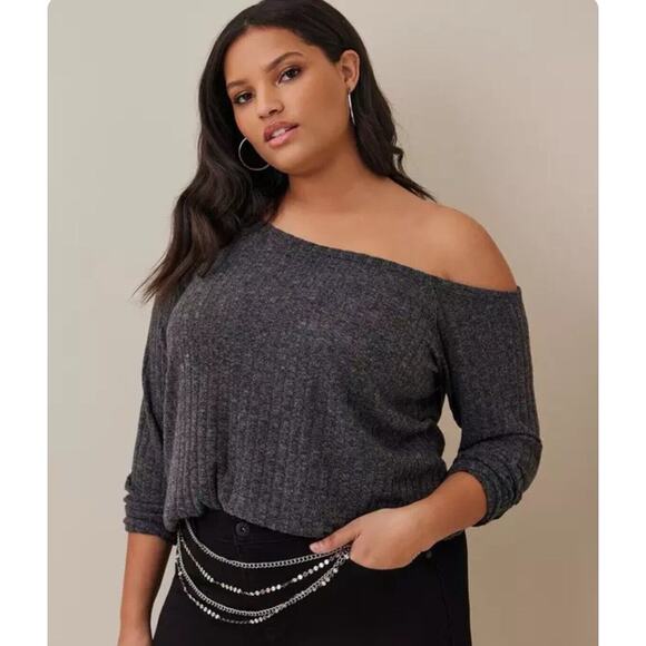 torrid Tops - Torrid Women’s Off-Shoulder Super Soft Plush Wide Rib Sweatshirt Sz 1 Gray 1x